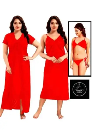 4-Part Satin Solid Women Nighty Set - Night Dress For Women